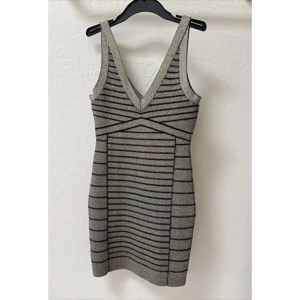 Guess Arianna Lurex Bandage Dress Medium Jet Black/Gold - Picture 2 of 8
